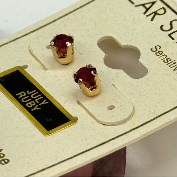 Ear Sense July Ruby Set in Gold Tone Stud Earrings - Picture 2 of 4